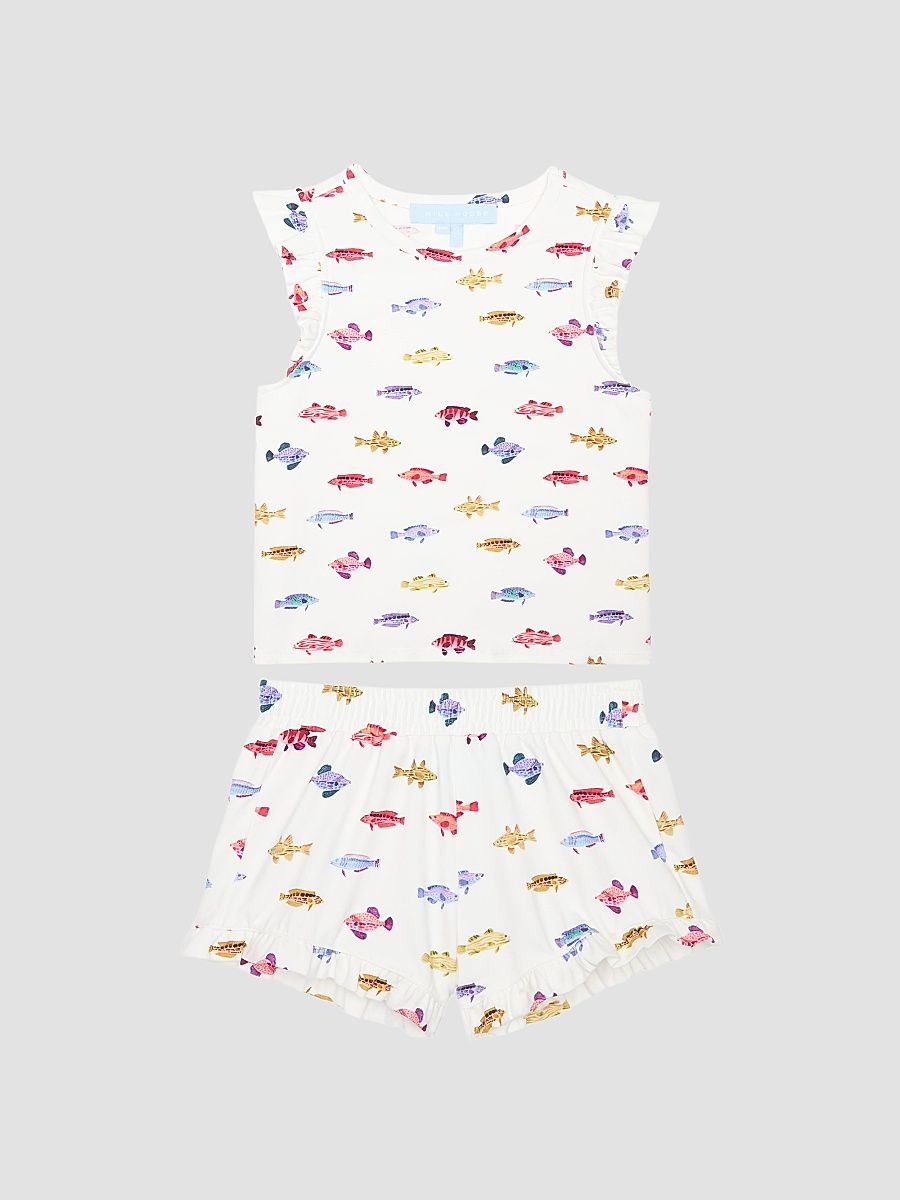 Little Girl's and Girl's Tiny Lala Short Set - White Rainbow Fish - Size 8