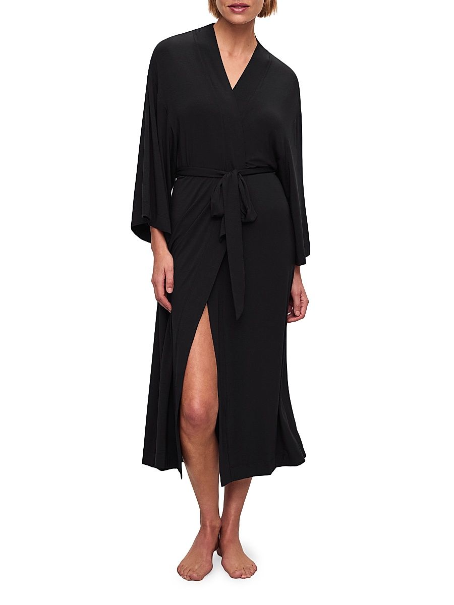 Women's Gisele Kimono-Inspired Midi Robe - Black - Size XL