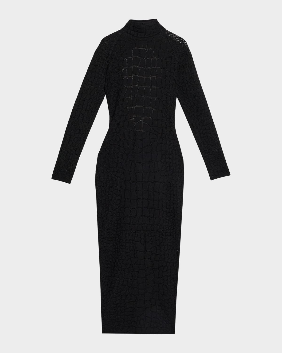 Croco-Jacquard Backless Long-Sleeve Midi Dress