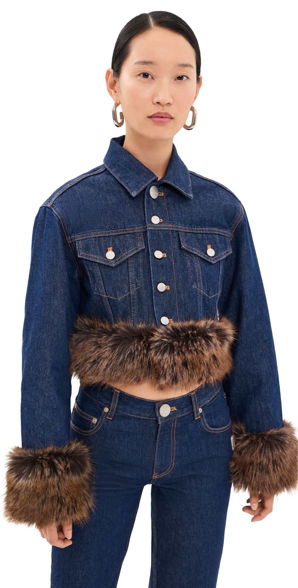 Marc Jacobs Faux Fur Shrunken Denim Trucker Jacket Dark Slub Indigo XL
