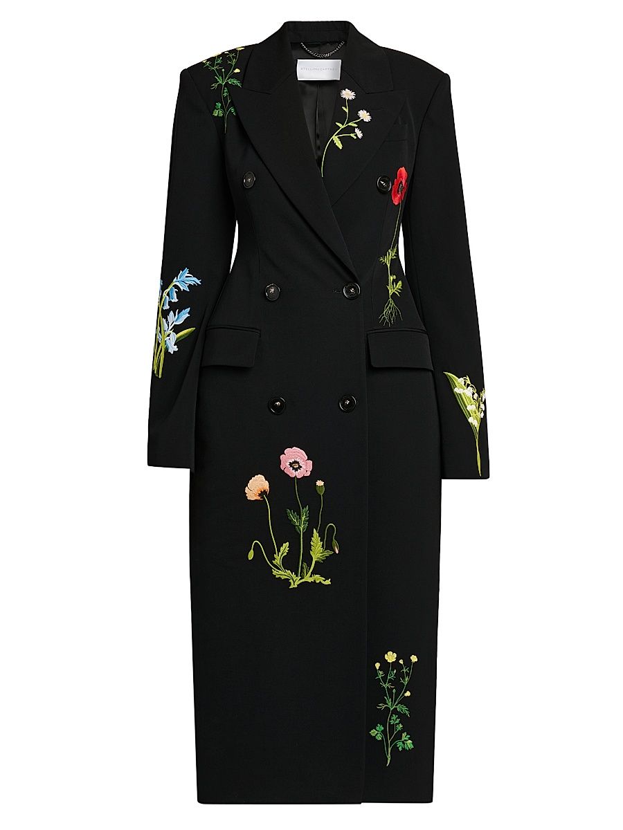 Women's Flower-Embroidered Wool Double-Breasted Coat - Black - Size 12