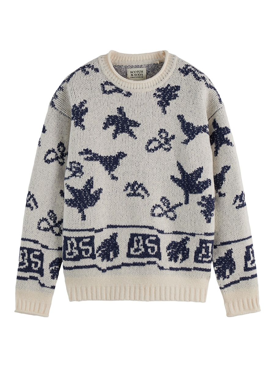 Scotch & Soda Men's Bird Jacquard Drop Shoulder Crewneck Sweater - Eggnog - Size Large