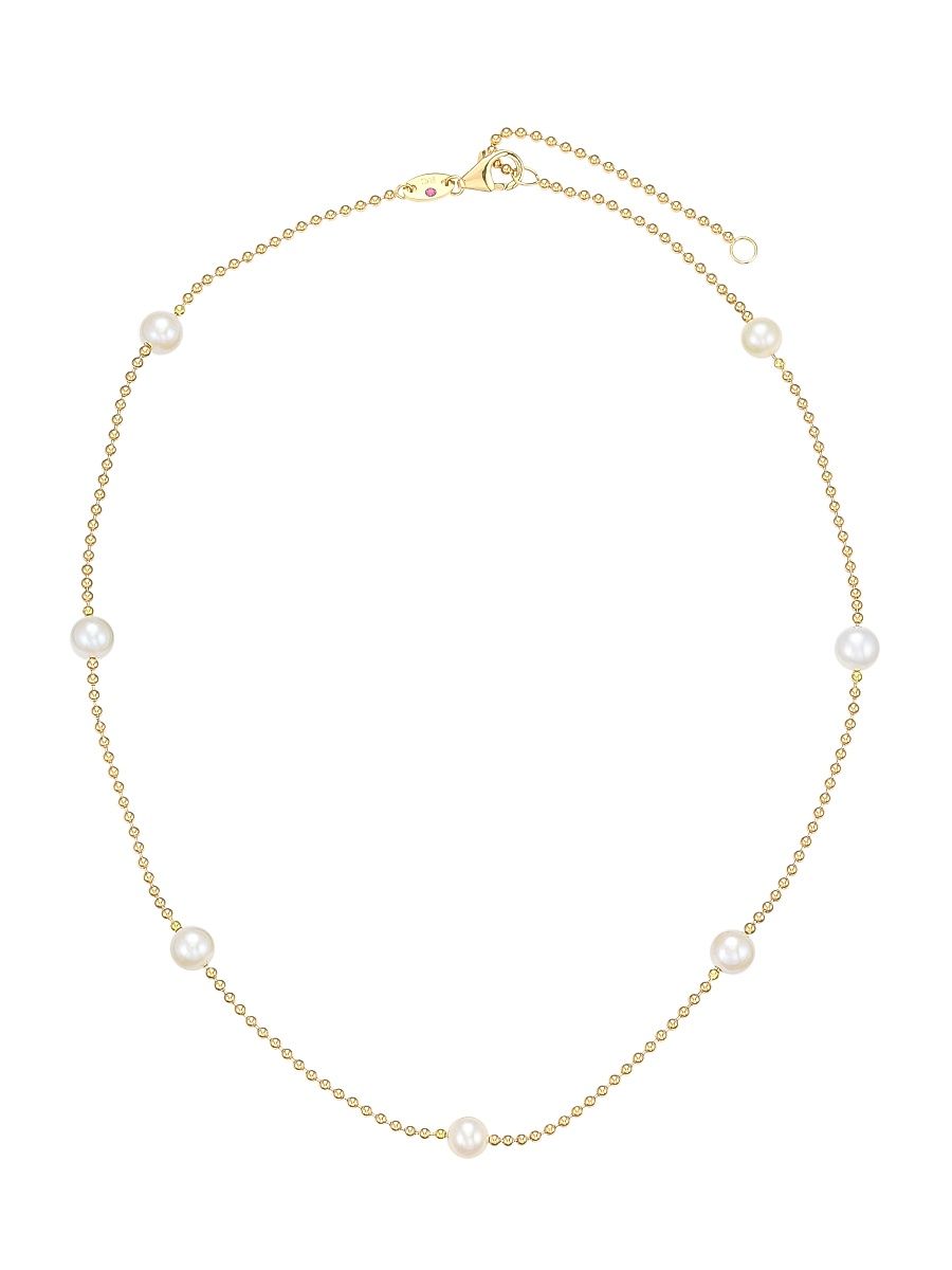 Women's 18K Yellow Gold & 4MM Pearl Station Beaded Chain Necklace - Yellow Gold - Size 18