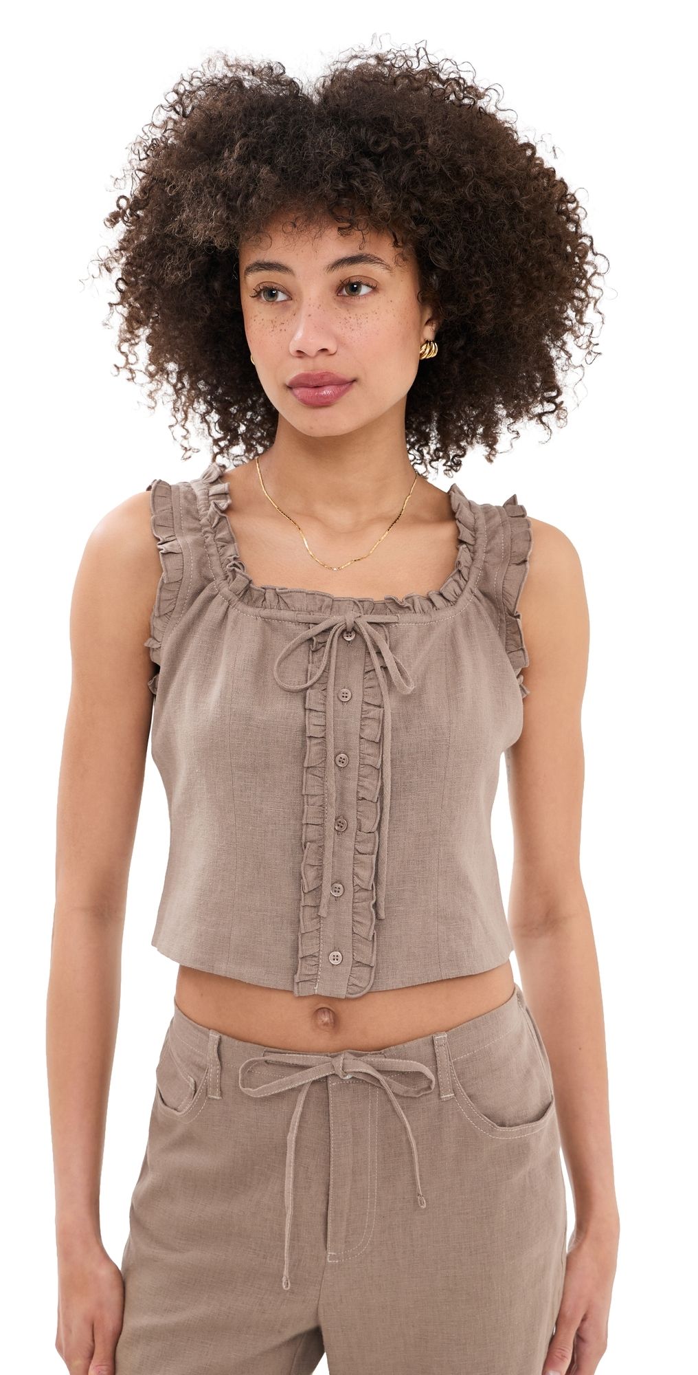 LE JEAN Linen Ruffle Cami Driftwood XS