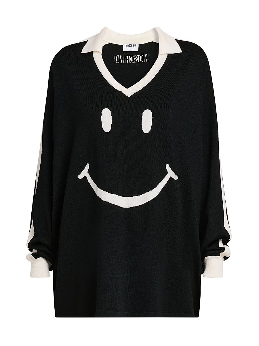 Women's Smiley Face Wool Sweater - Multi Black - Size 14