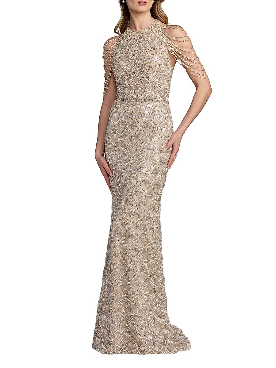Women's Draped Pearl-Inspired Beaded Column Gown - Cream Beige - Size 14