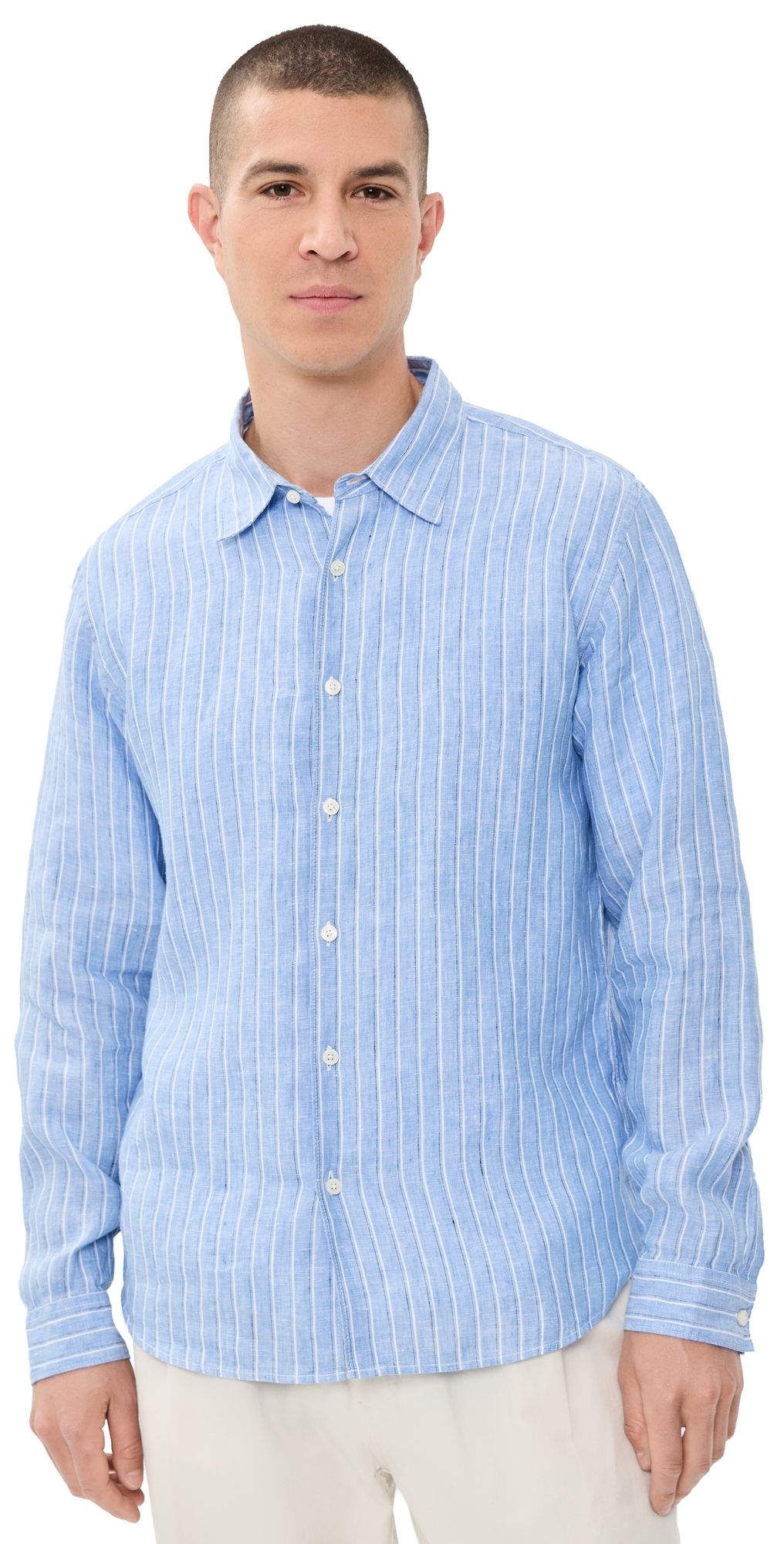 Theory Irving Stripe Top In Relaxed Linen Crisp Blue Multi M