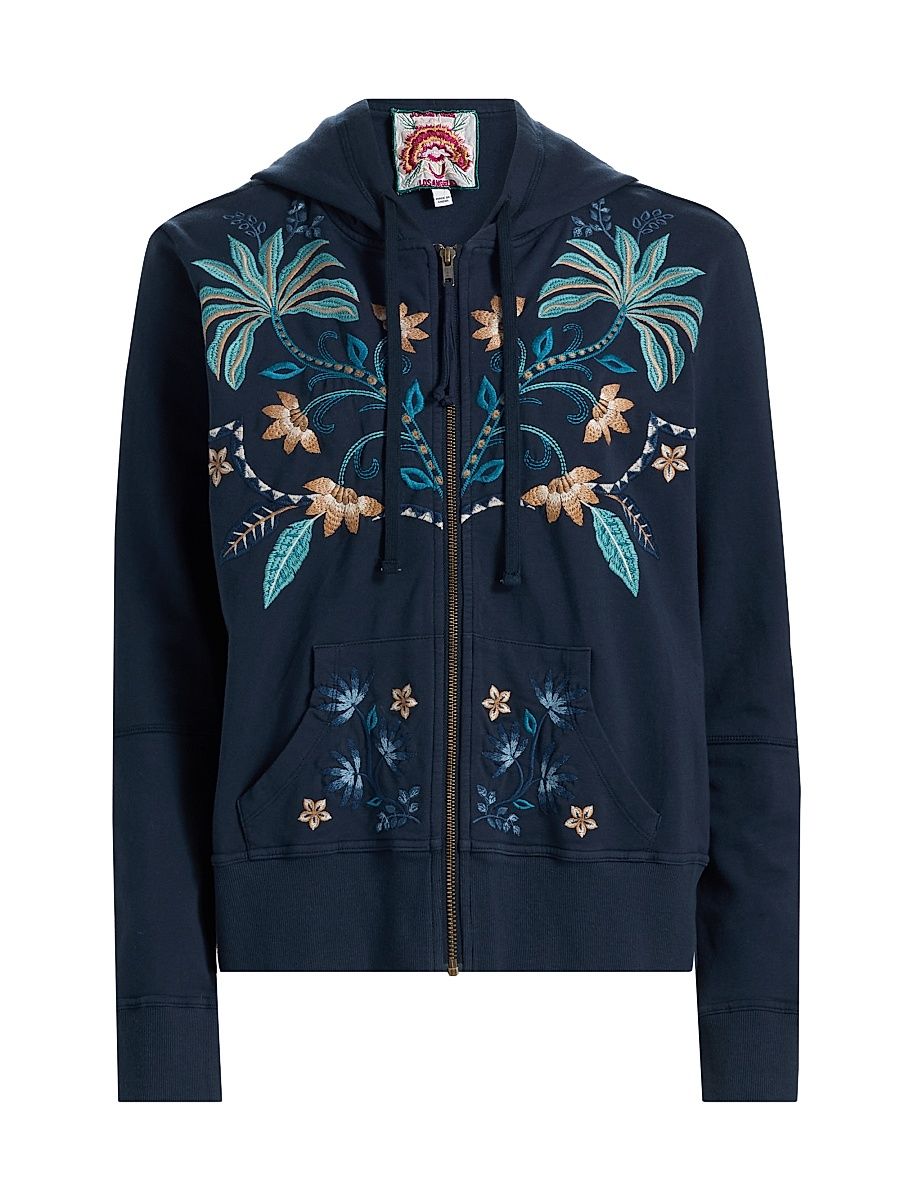 Women's Una Embroidered Stretch-Cotton Zip-Front Hoodie - Blue Night - Size XS