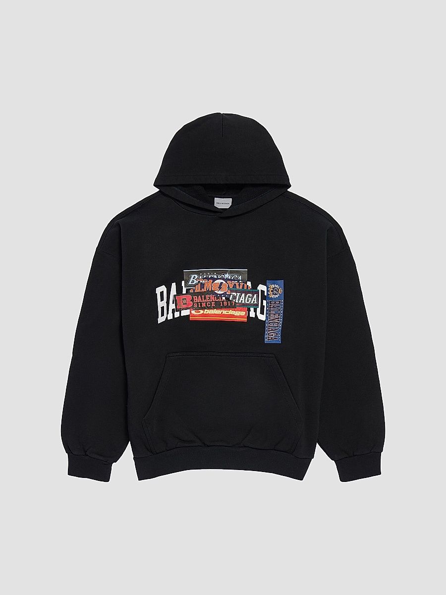 Balenciaga Men's Bumper Stickers Medium Fit Hoodie - Black - Size Medium