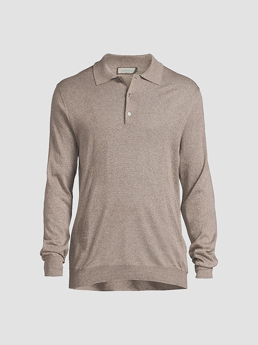 Canali Men's Heathered Merino Wool Modern-Fit Polo Shirt - Light Tan - Size 48