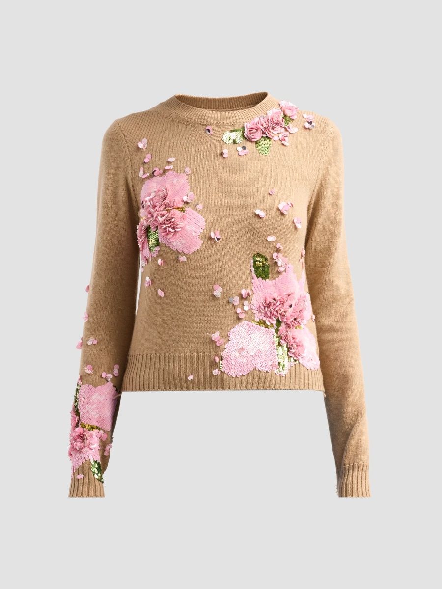 Oscar de la Renta Women's Resort Sequined Embroidered Watercolor Iris Sweater - Camel - Size XL