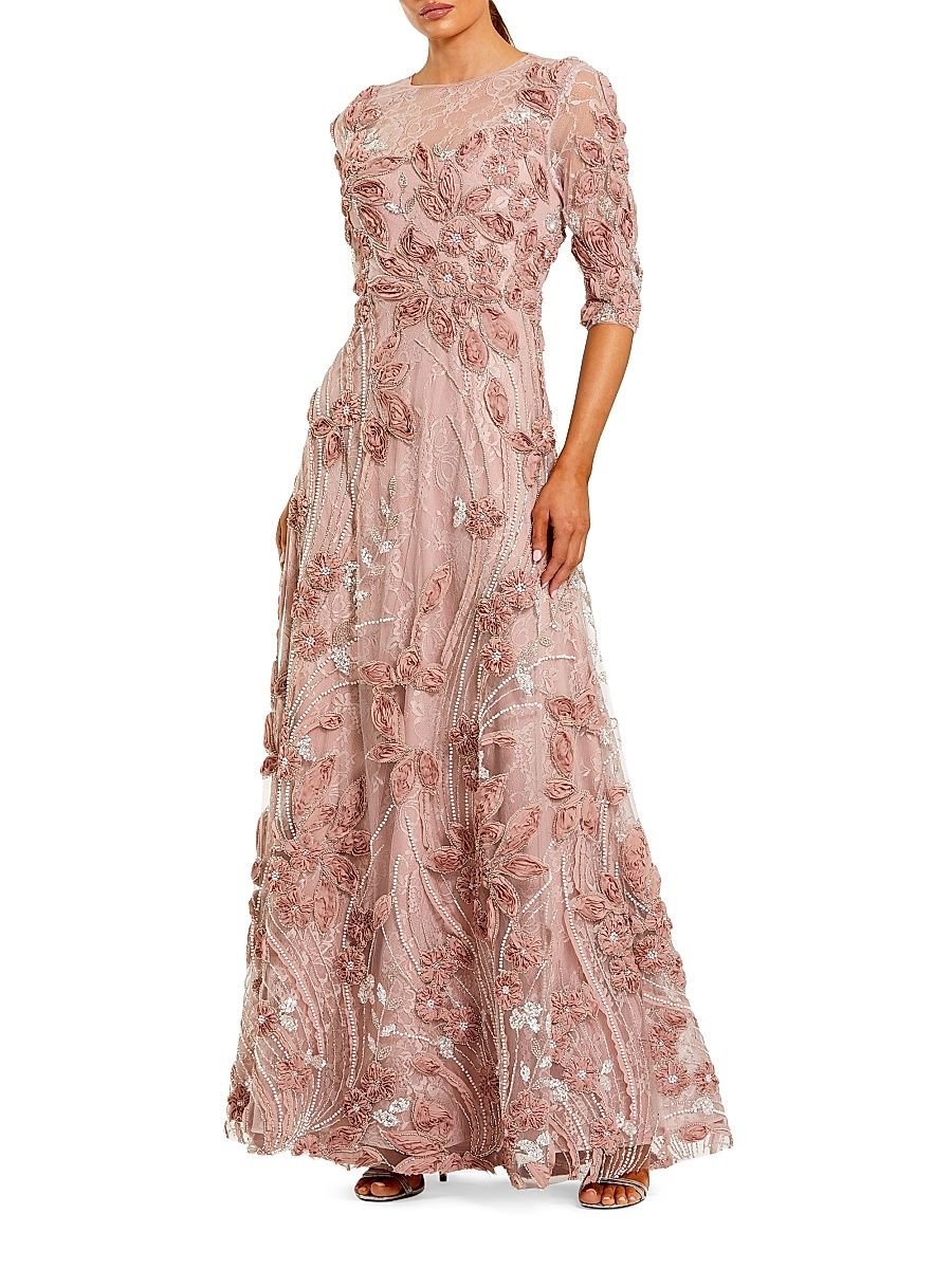 Women's Embellished Appliquéd Lace Gown - Mocha - Size 22