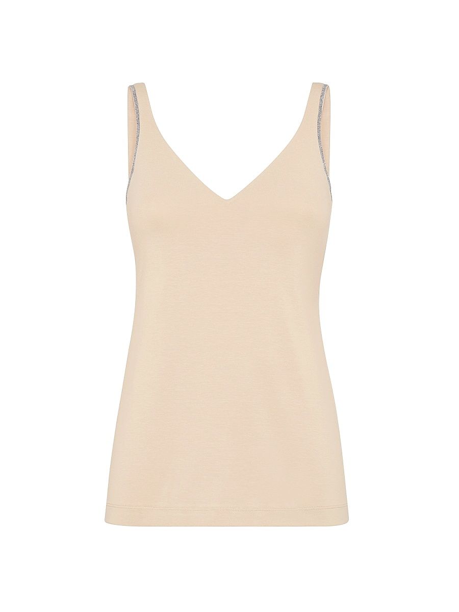 Women's Stretch Cotton Jersey Top with Shiny Straps - Beige - Size XS
