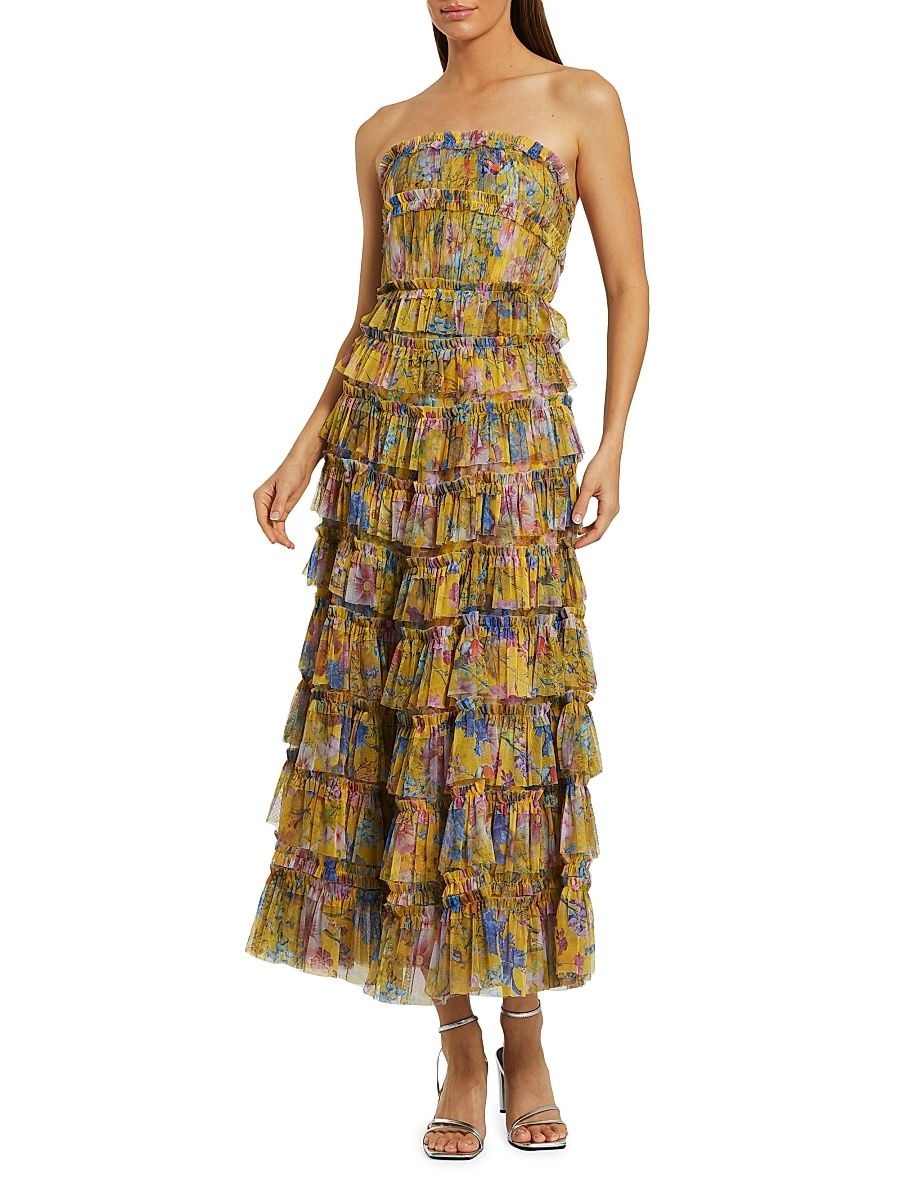 Women's Cocktail Floral Tiered Strapless Maxi-Dress - Yellow Multi - Size 12