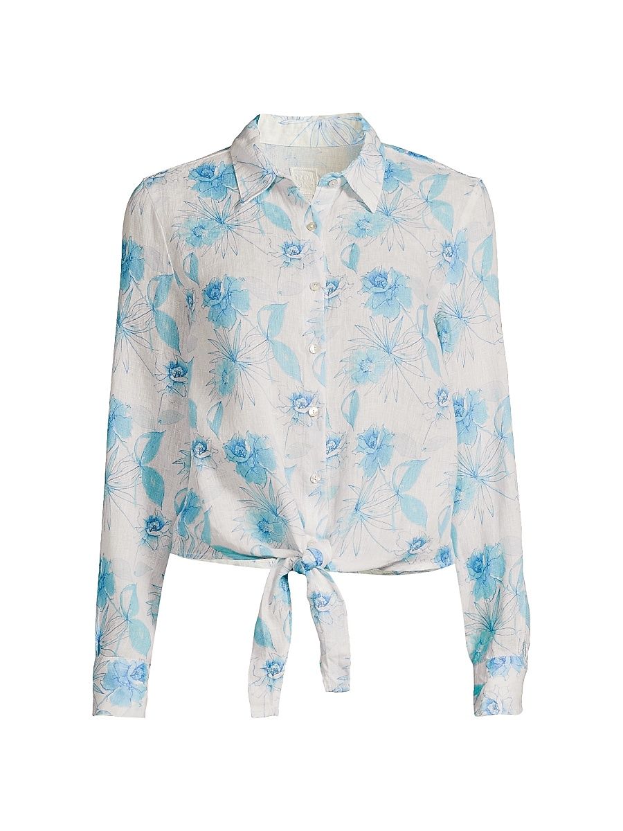 Women's Floral Linen Tie-Front Shirt - Printed Washed Sky Blue - Size Large