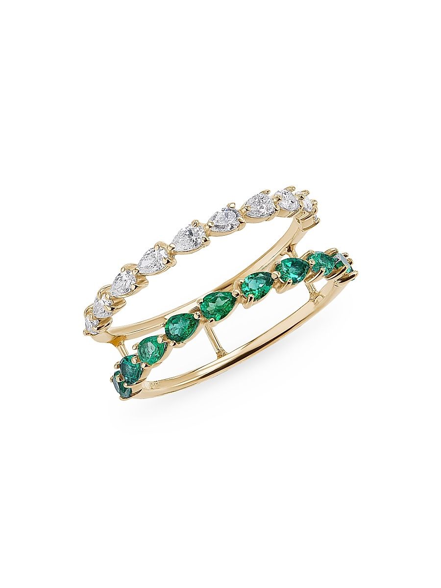 Women's 14K Yellow Gold, 0.05 TCW Diamond & Emerald Double-Band Ring - Yellow Gold - Size 7