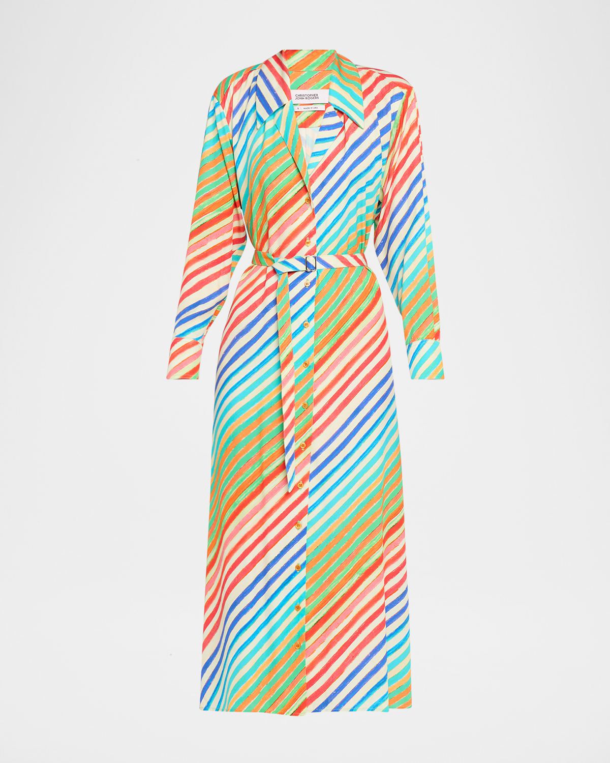 Rainbow Striped Waist-Tie Bias Midi Shirtdress