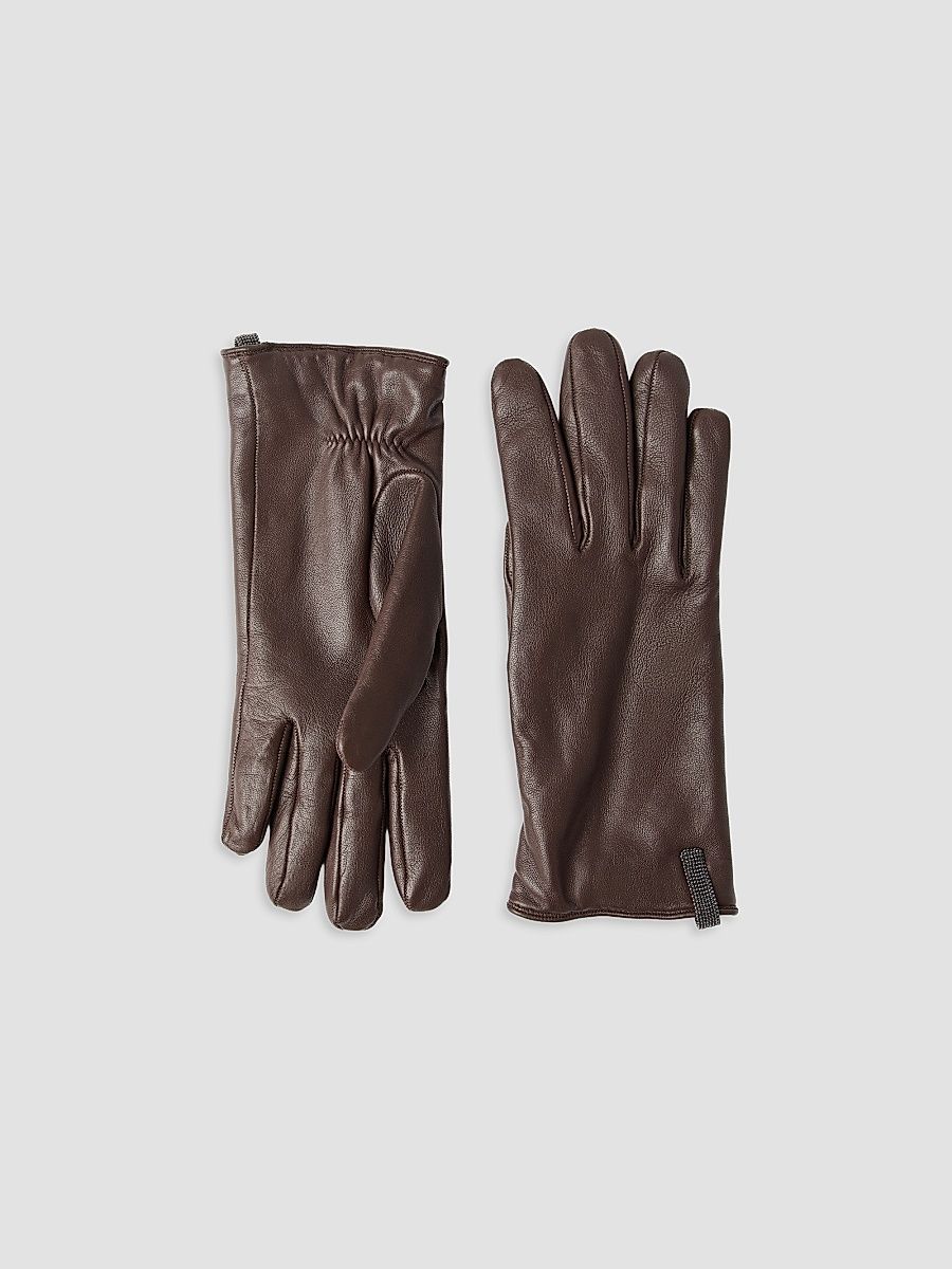 Women's Nappa Leather Gloves with Monili - Chocolate - Size Large