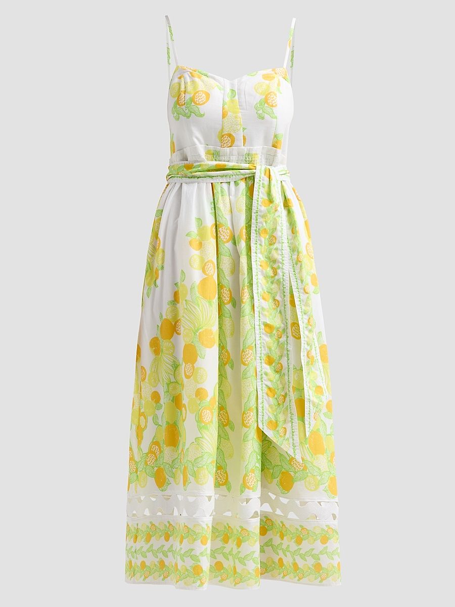 Women's Katina Printed Cotton Tie-Waist Midi Dress - Resort White Zesty - Size 16