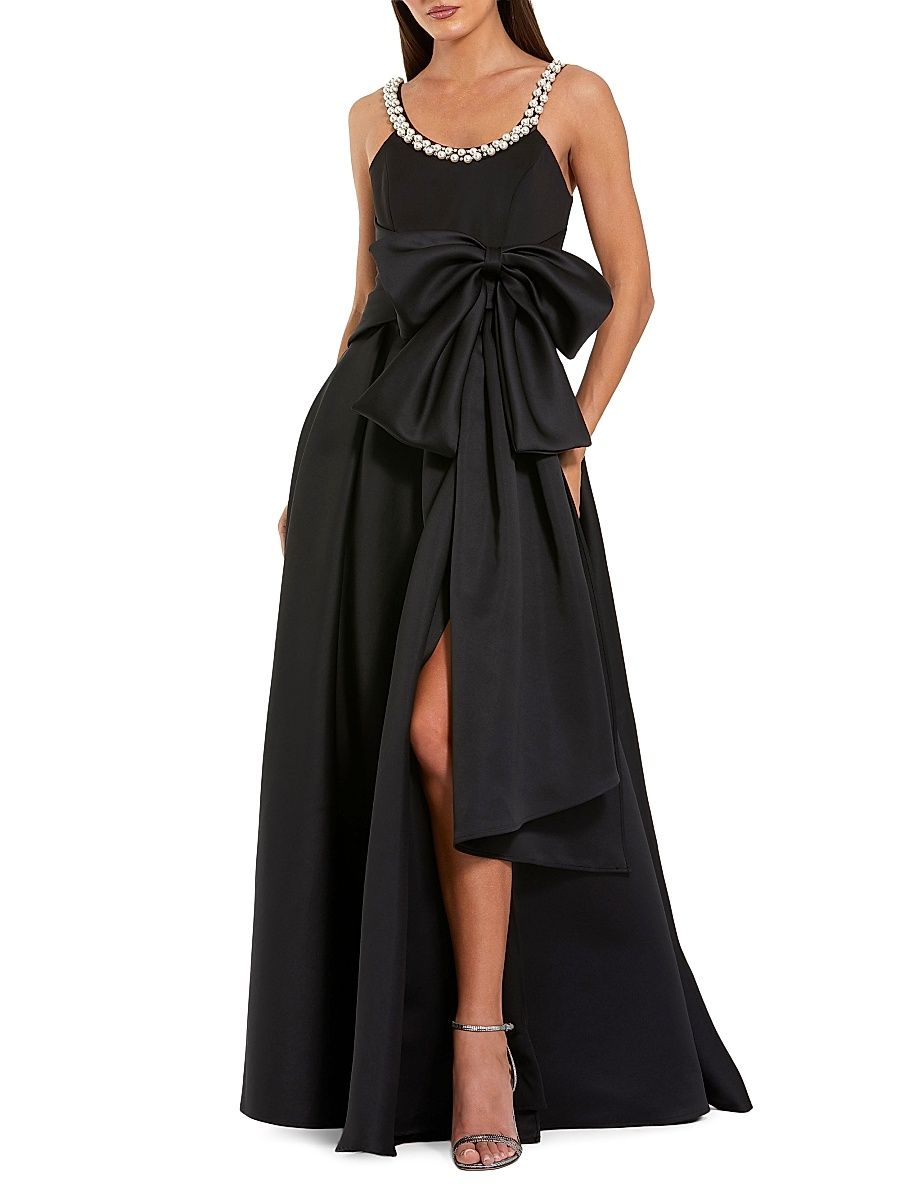 Women's Petite Ieena 1 Bow-Detailed Satin A-Line Gown - Black - Size Petite 10