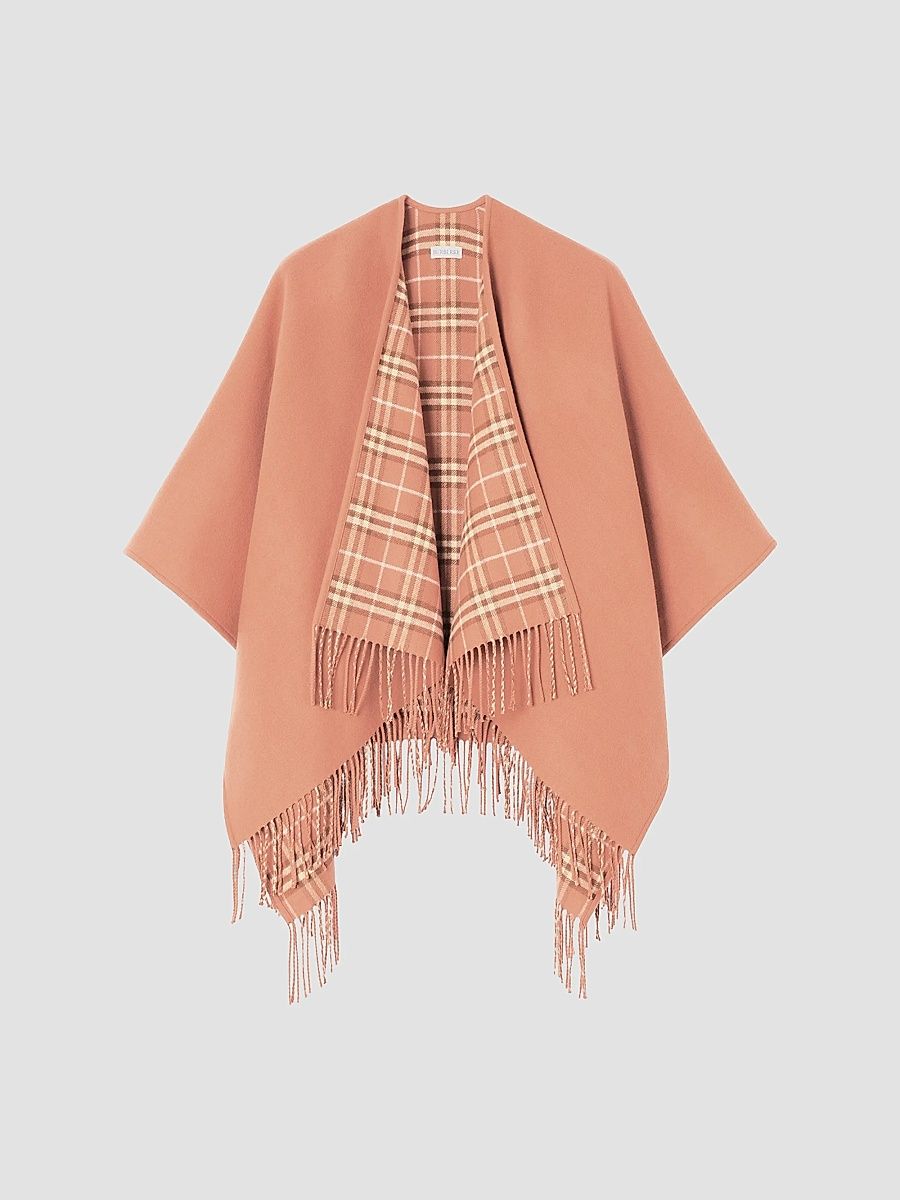 Women's Reversible Check Wool Cape - Clay Pink