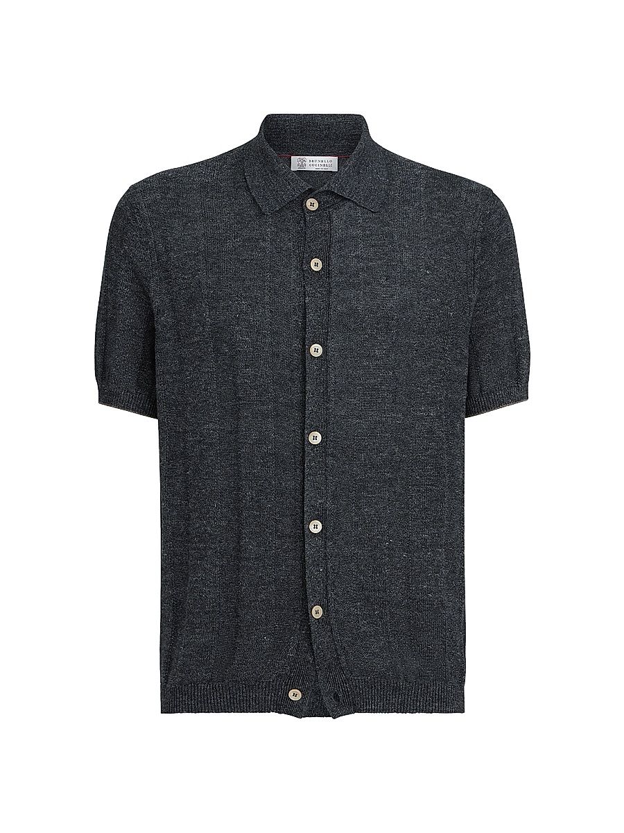 Men's Linen and Cotton Textured Rib Short Sleeve Knit Shirt - Lignite - Size 50
