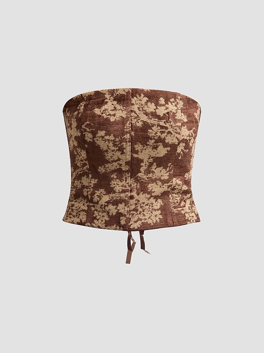Women's Paulette Floral-Jacquard Lace-Up Strapless Top - Brown Floral Tapestry - Size 12