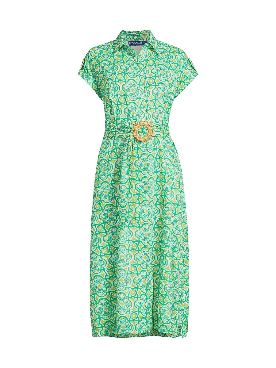 Women's Catherine Belted Geometric-Print Cotton Midi-Shirtdress - Nadia Green - Size XL