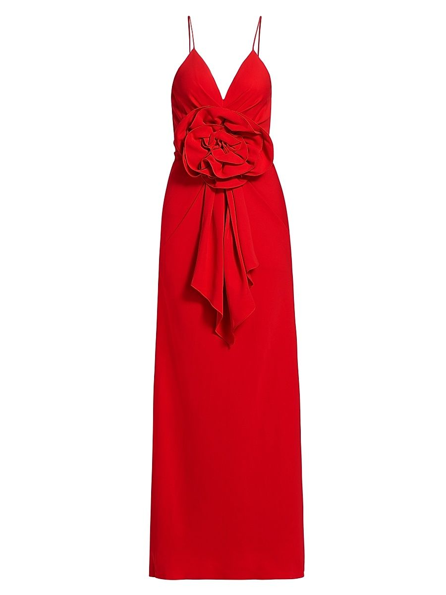 Women's Rose-Detailed V-Neck Dress - Red - Size 4