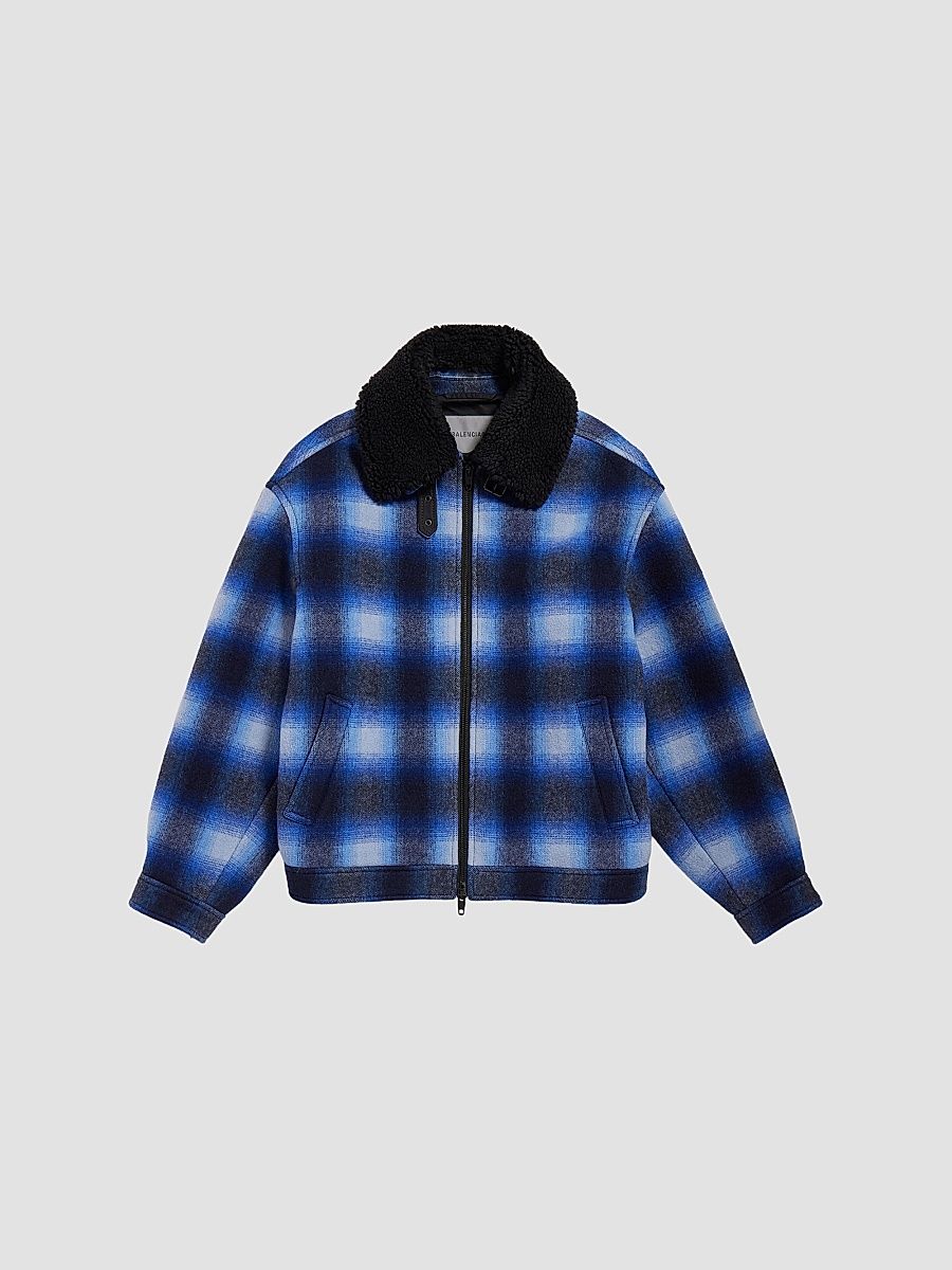 Balenciaga Men's Flannel Bomber Jacket - Blue Black - Size 40