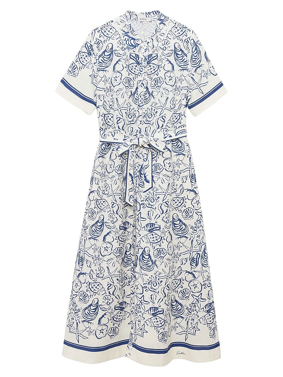 Women's Audria Printed Linen-Blend Belted Midi-Shirtdress - Blueberry Multi - Size XS