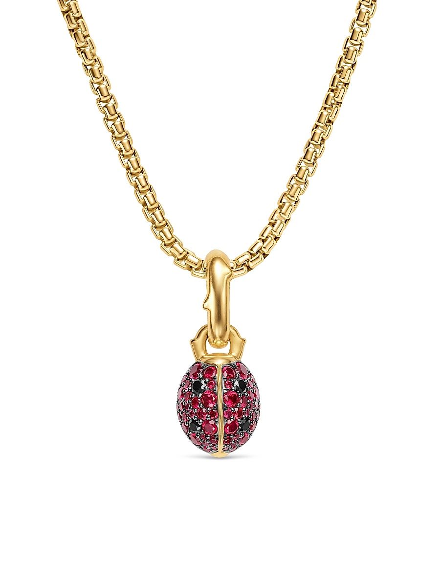 Women's Ladybug Amulet in 18K Yellow Gold with Rubies and Black Diamonds, 12.7MM - Ruby