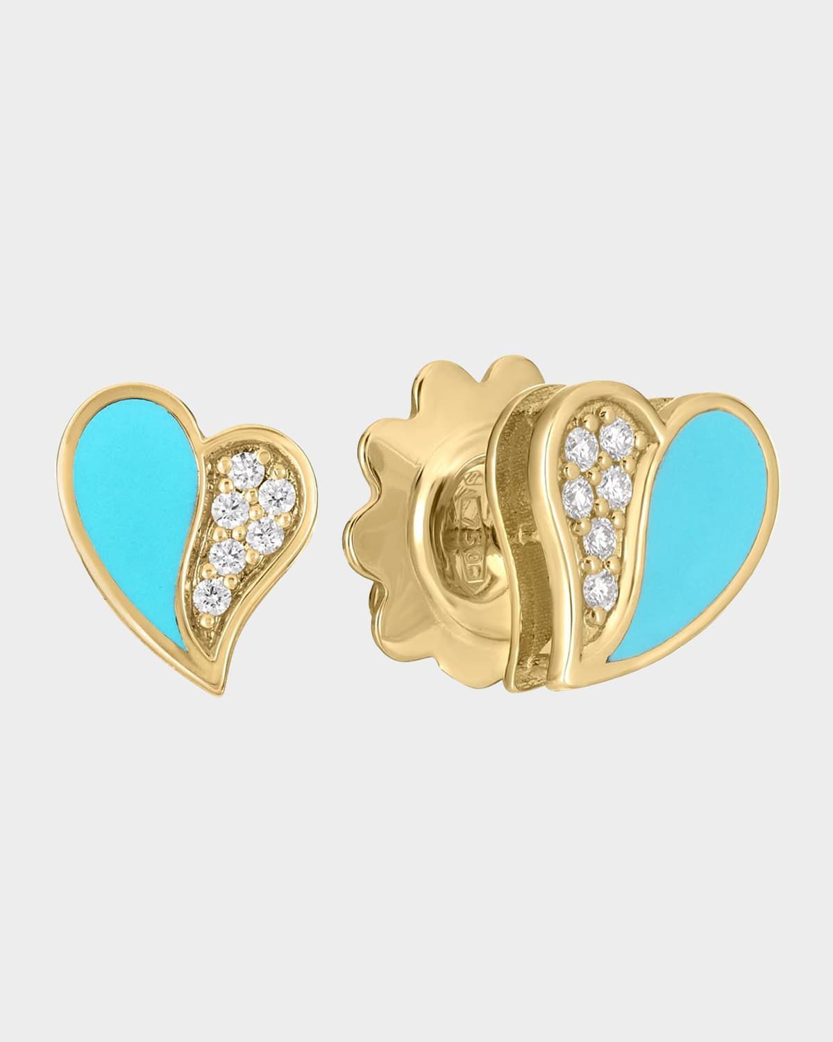 18K Yellow Gold Diamond and Enamel Amorino Heart Stud Earrings, Turquoise