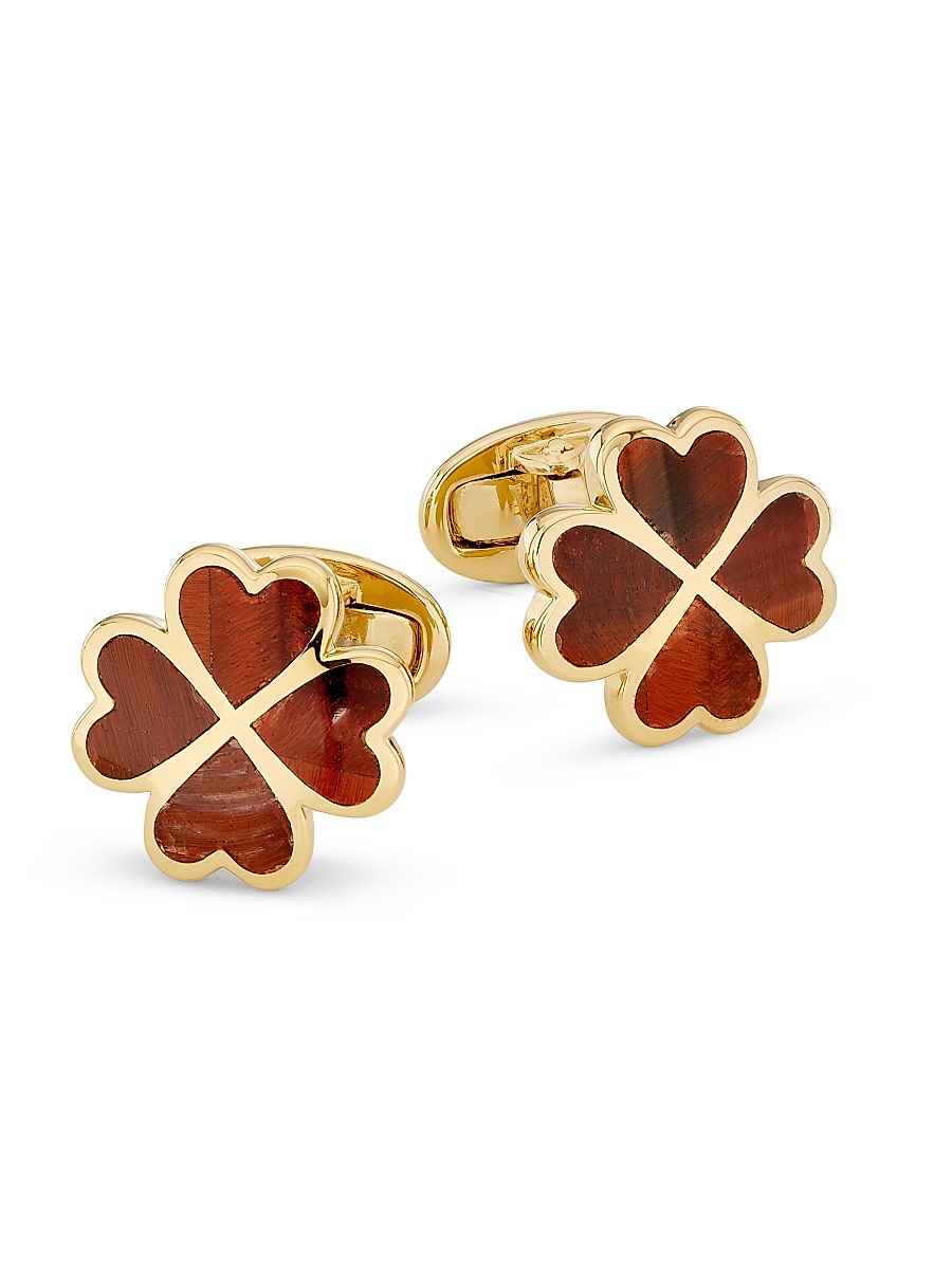Men's 18K-Yellow-Gold Vermeil & Red Tiger's Eye 4-Leaf Clover Cufflinks - Red