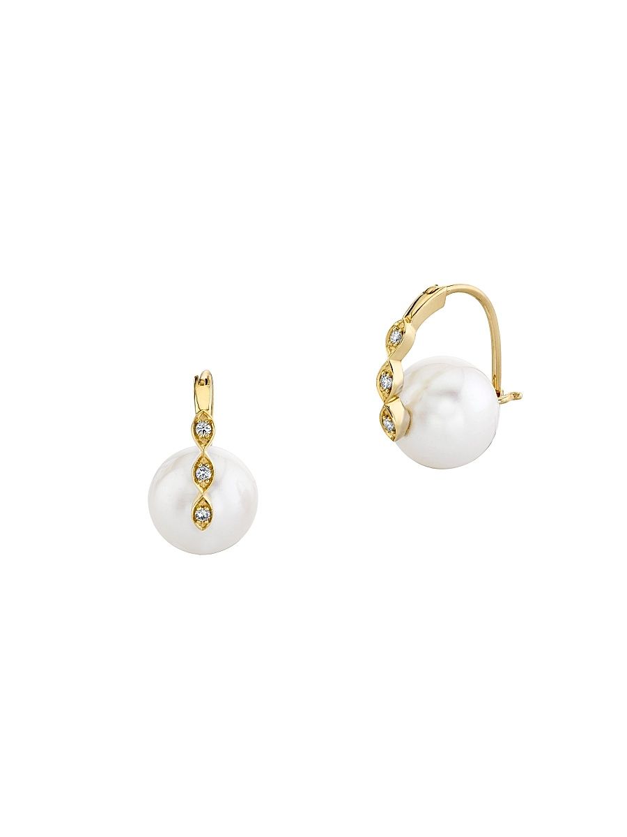 Women's 14K Yellow Gold, Diamond & 10MM Pearl Marquis Eye Earrings - Pearl