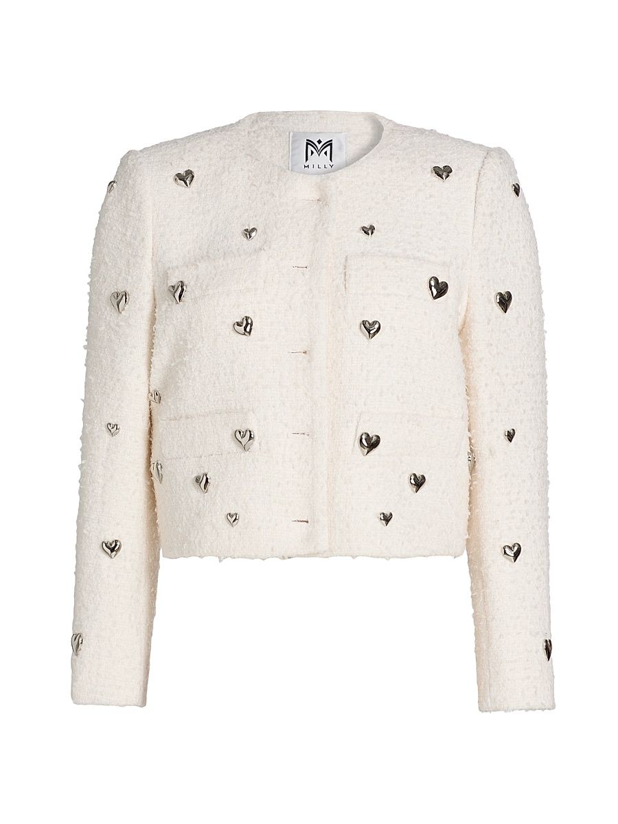 Women's Pheobe Heart Bouclé Crewneck Jacket - White - Size Large