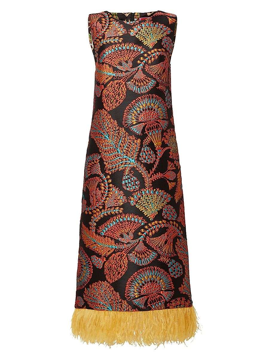 Women's Column Dress with Feathers - Jacquard Sicomore Black - Size XL