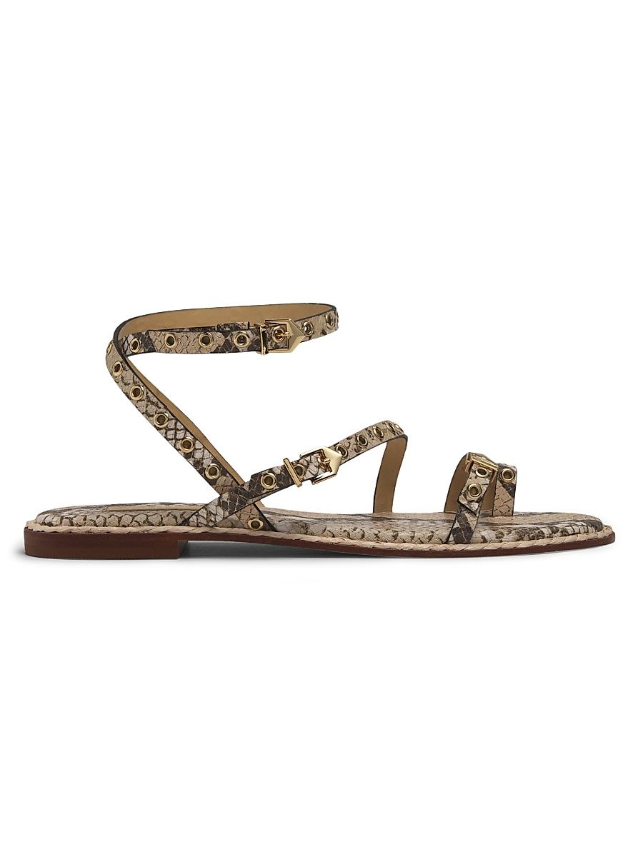 Women's Annete Snake Leather Ankle-Wrap Sandals - Beige - Size 8.5