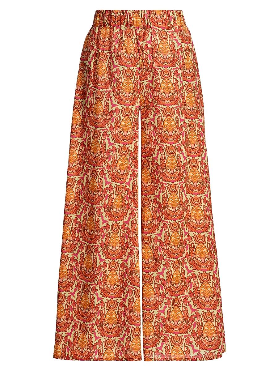 Women's Pearl Damask Cotton Wide-Leg Pants - Amber Mosaic - Size XL