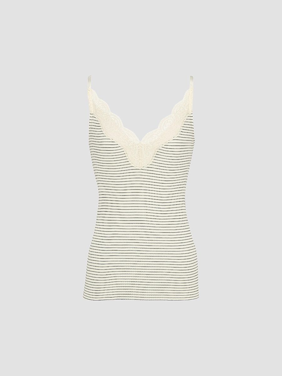 Saint Laurent Women's Laced Tank Top in Ribbed Wool and Silk - Ecru Navy - Size Large