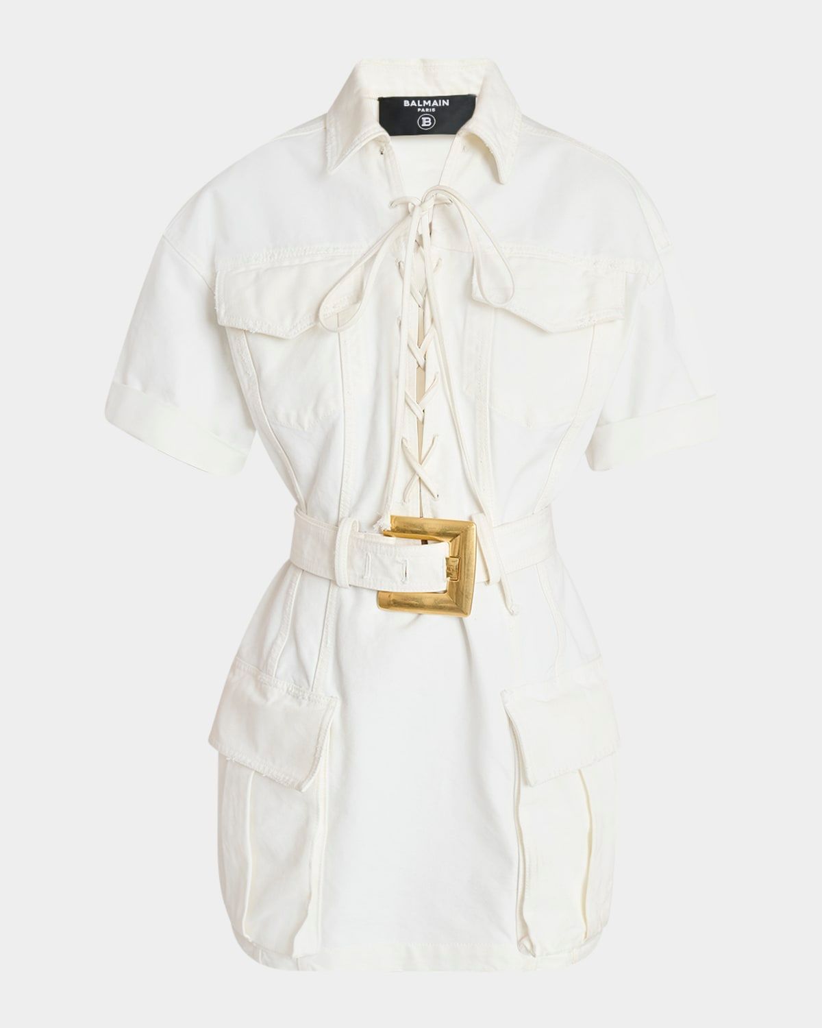 Lace-Up Canvas Denim Mini Dress with Belt