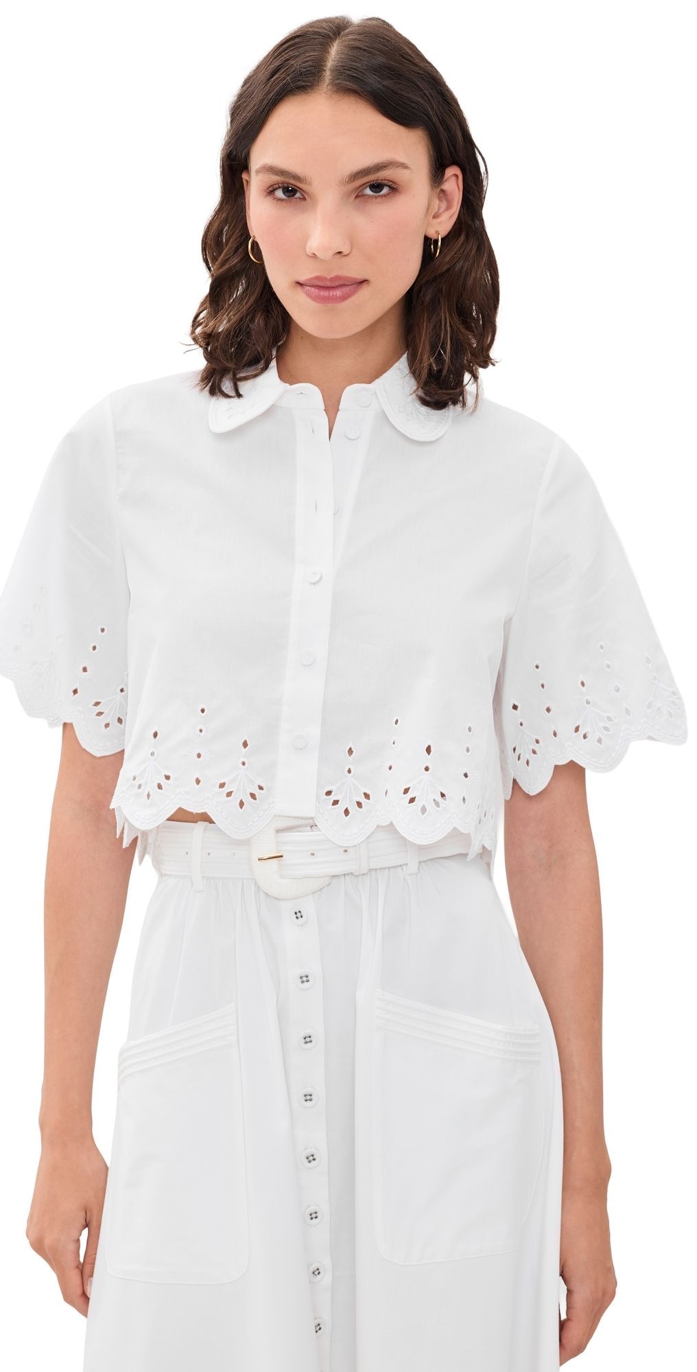 SALONI Dree Crop Button Down Shirt White/Ray Broderie 4