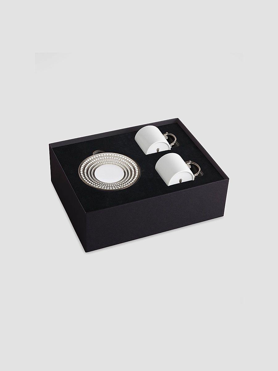 Perlée 4-PIece Porcelain & Platinum Espresso Cup & Saucer Set - White Silver