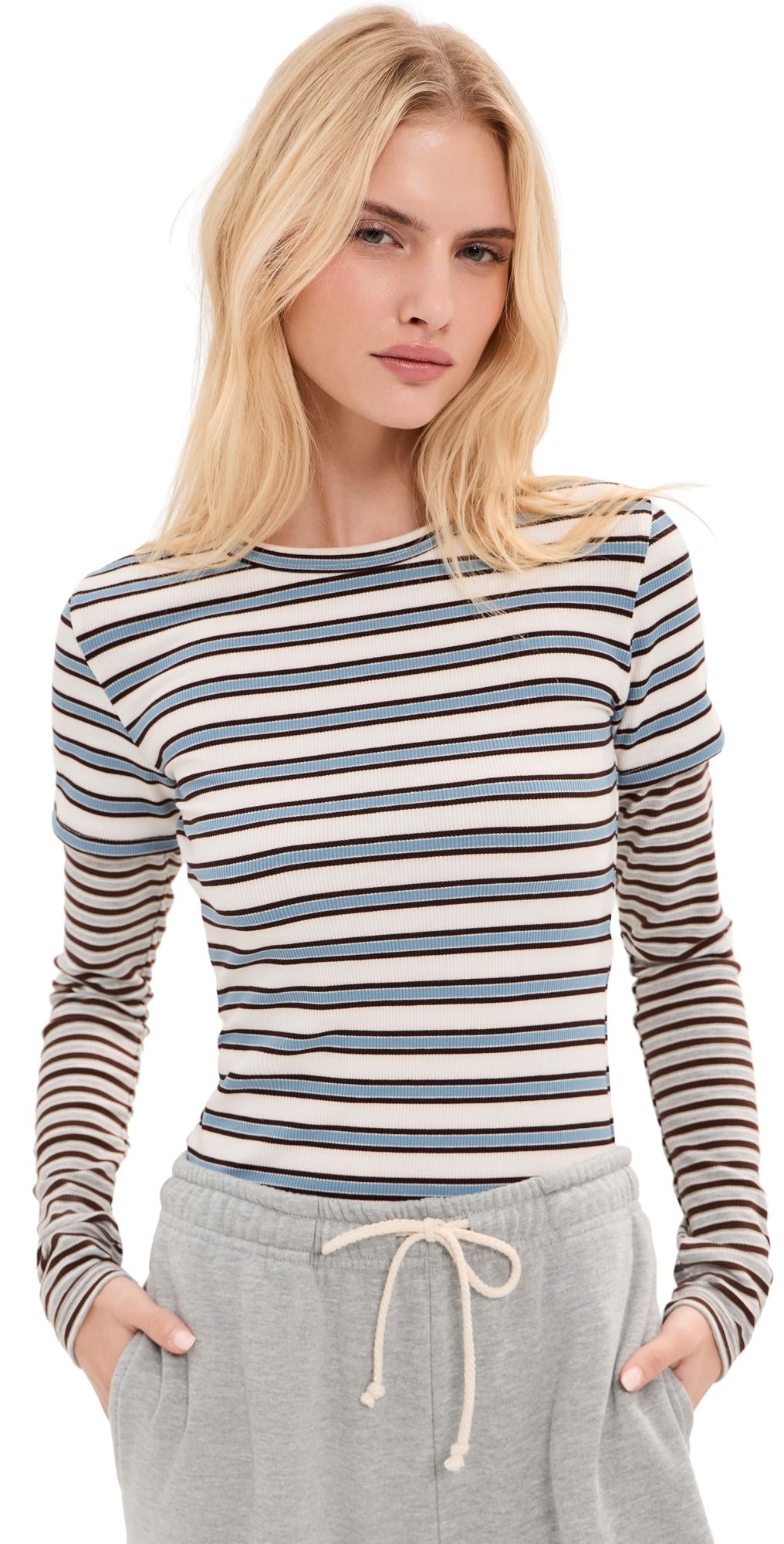 State & Lake Eli Double Layer Tee Powder/Red Stripe XXS
