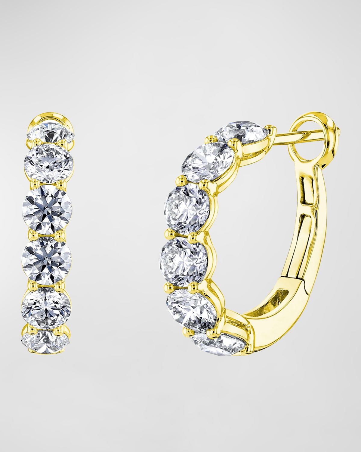 18K Gold Round Diamond Halfway Huggie Hoop Earrings, 2.8tcw/0.75"L