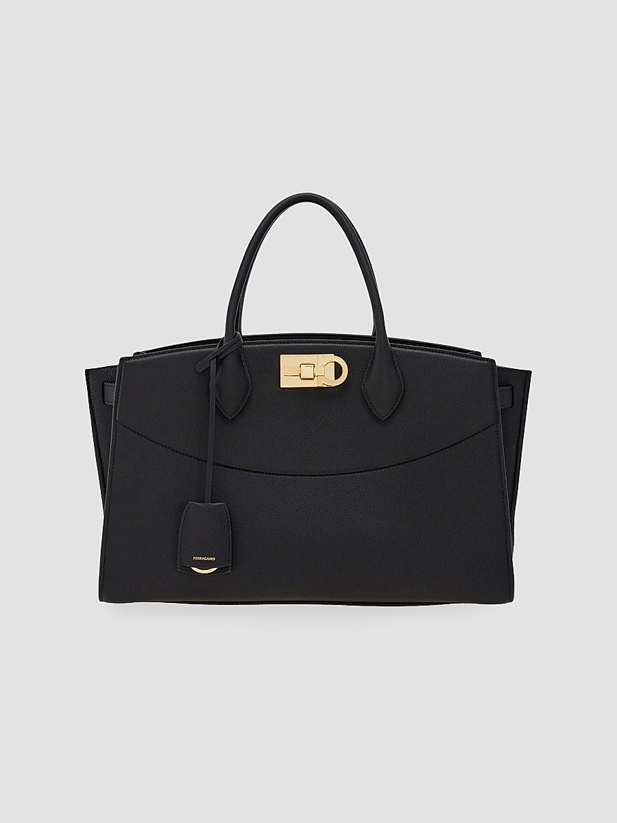 Women's New Ferragamo Studio Medium Leather Top Handle Bag - Nero