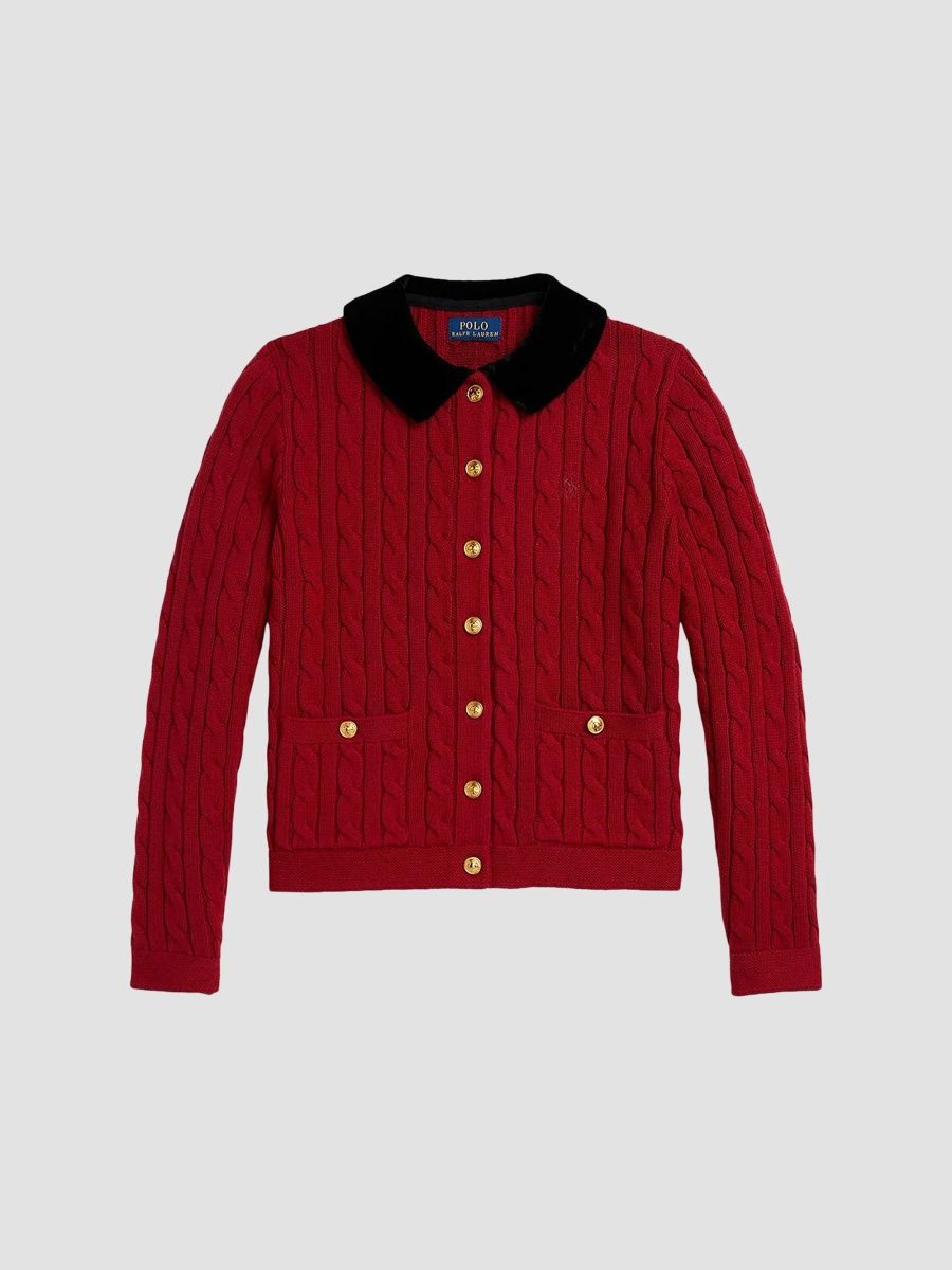 Polo Ralph Lauren Girl's Little Girl's & Girl's Velvet-Trim Cable-Knit Cotton Cardigan - Eaton Red - Size 16
