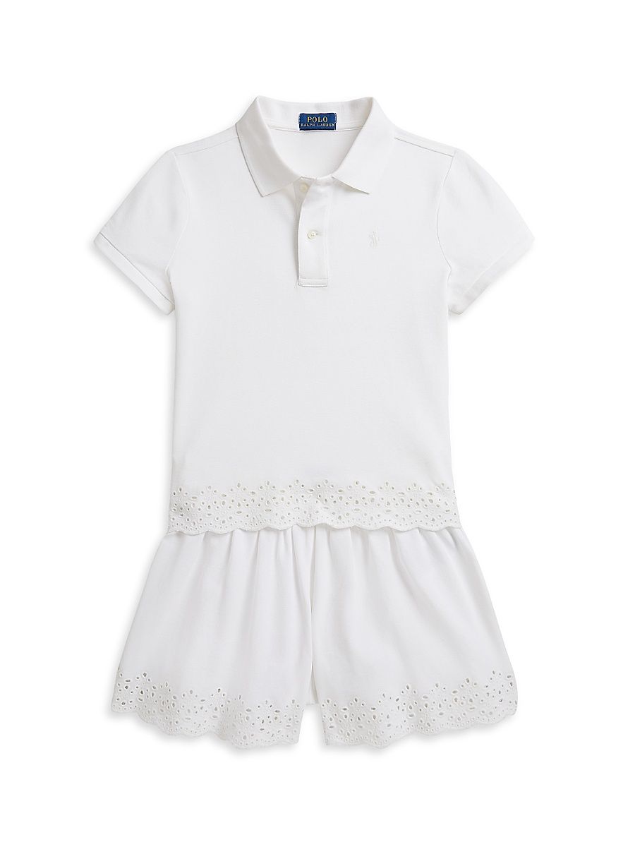 Little Girl's & Girl's Eyelet Stretch Mesh Polo Shirt & Shorts Set - White - Size 6