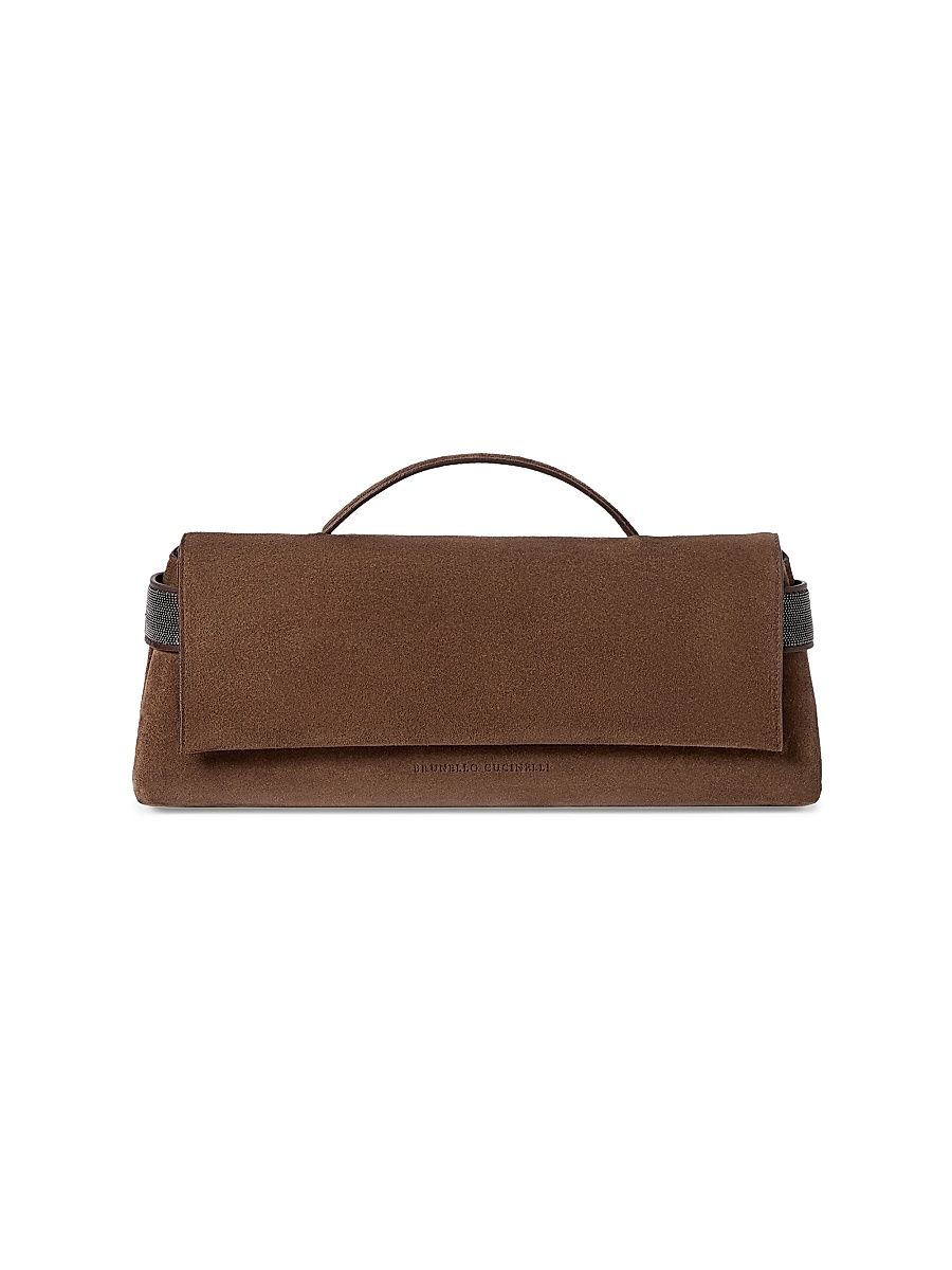 Women's Essence Clutch Bag in Suede with Precious Bands - Brown
