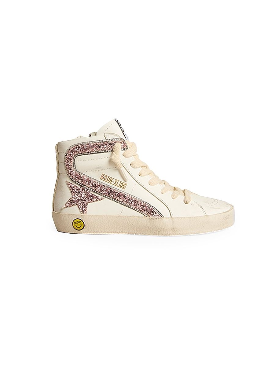Girl's Glitter-Embellished Leather High-Top Sneakers - White Pink Silver - Size 11 (Child)